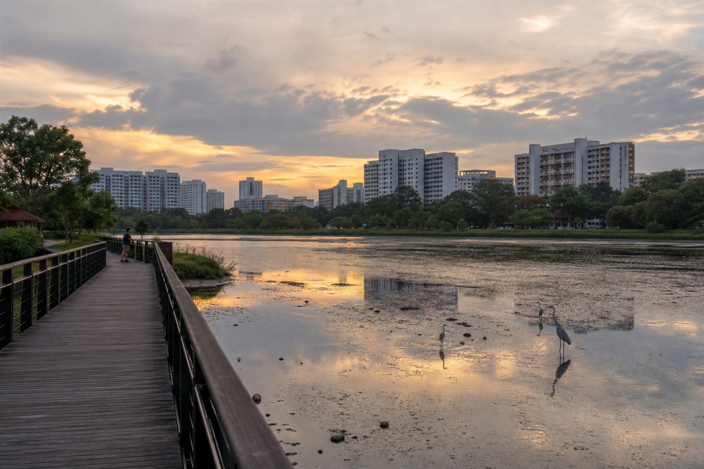 Punggol Waterway at evening with herons in the shallows