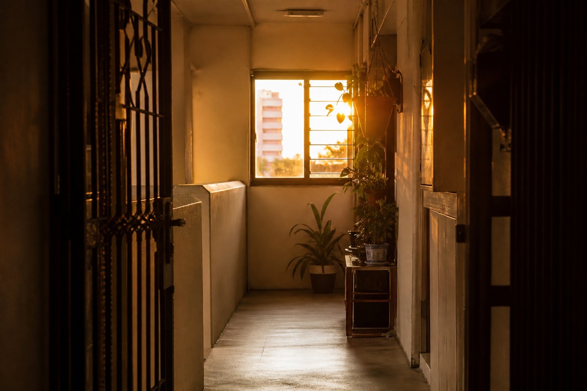Warm light through a corridor window at dusk